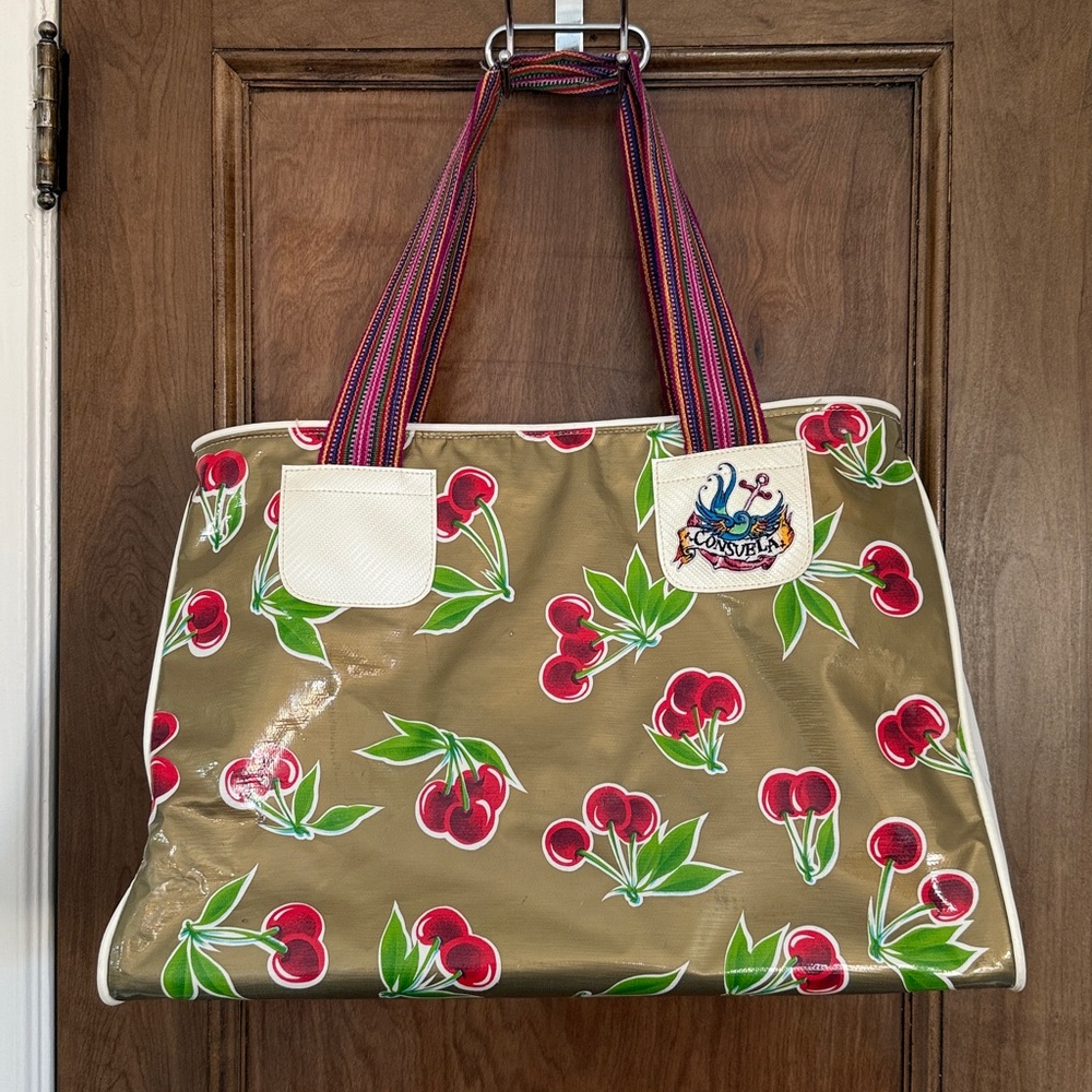 Consuela Cherry Pattern Tote with Vibrant Straps